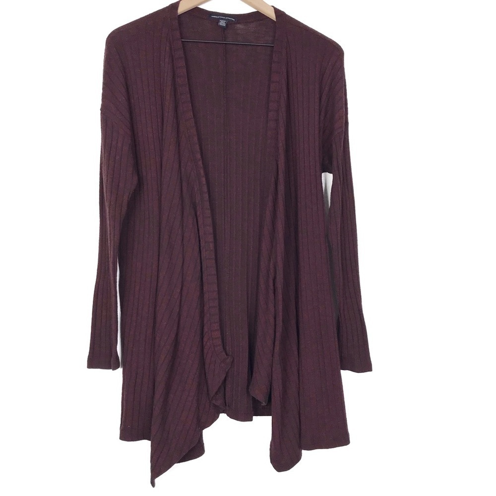 AEO Ribbed Knit Black Burgundy Open Waterfall Cardigan M